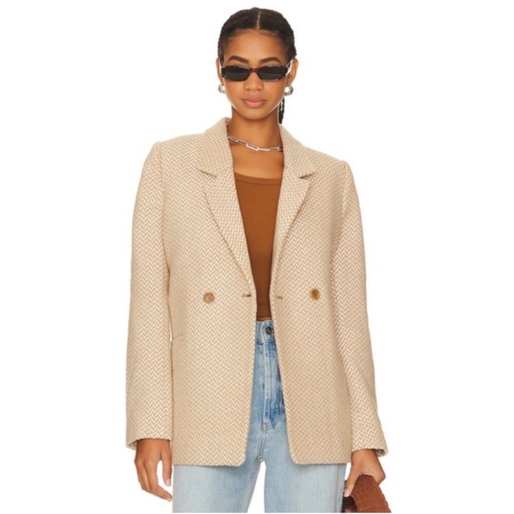 Anine Bing Tweed Fishbone Herringbone Double Breasted Blazer Jacket Tan Small - Picture 4 of 15